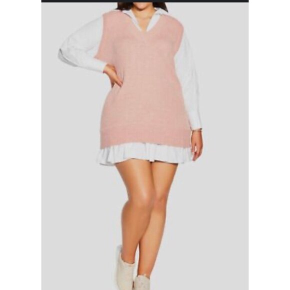 City Chic Contrast Collared Sweater Women Plus Size 18 Pink White College Preppy - Picture 2 of 12